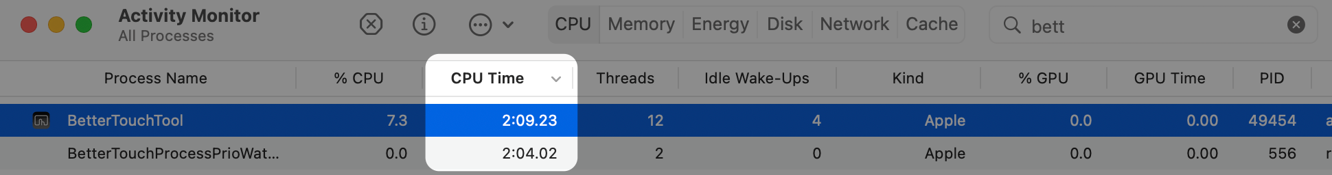 BetterTouchTool cpu time