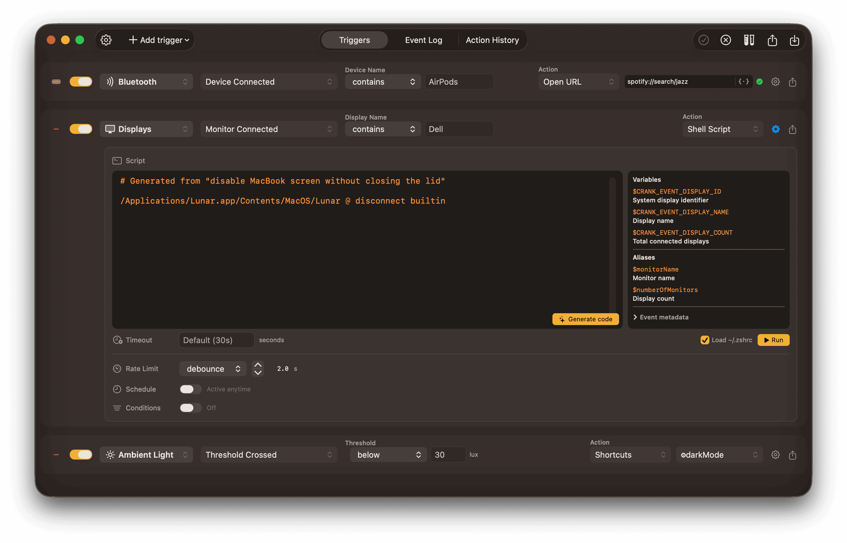 The Crank app interface showing automation rules