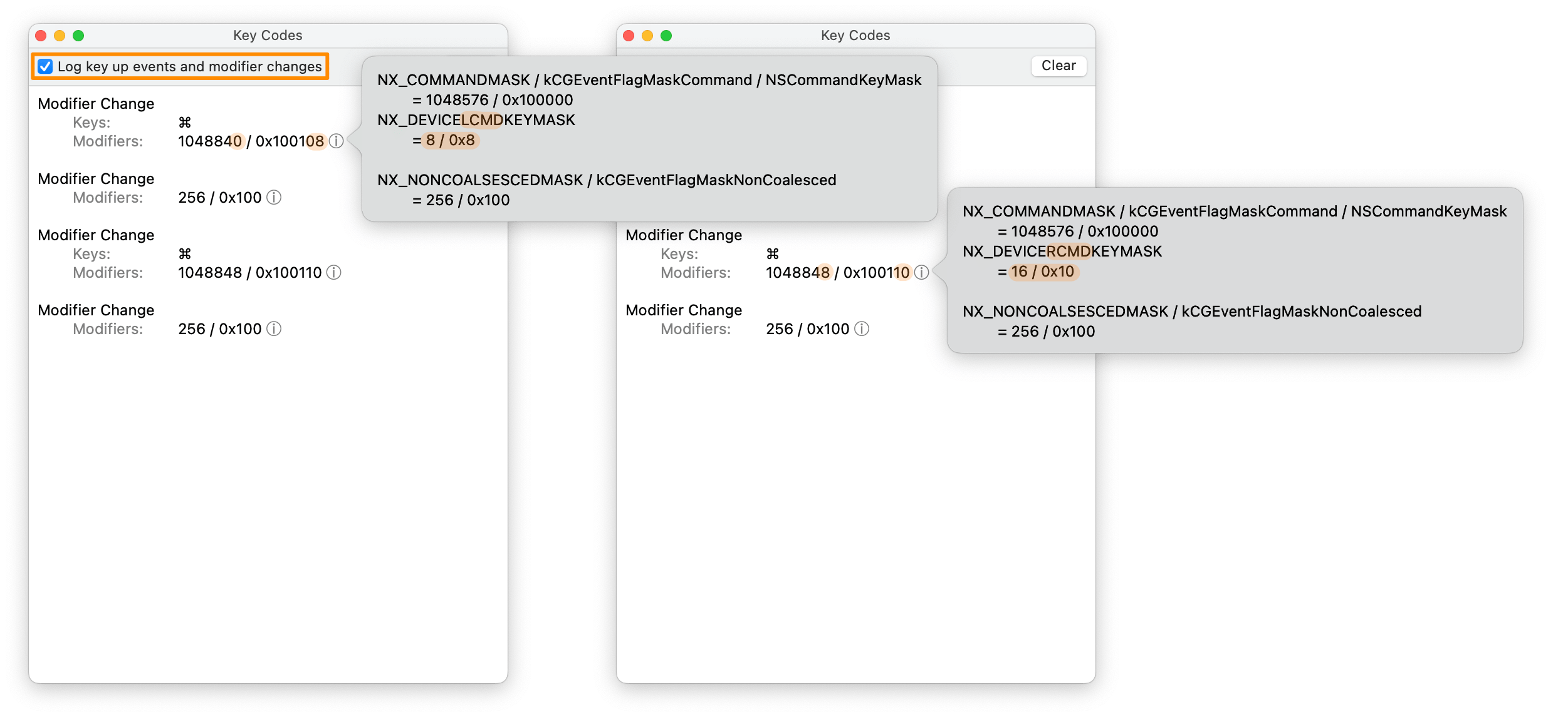 keycodes app left and right command info