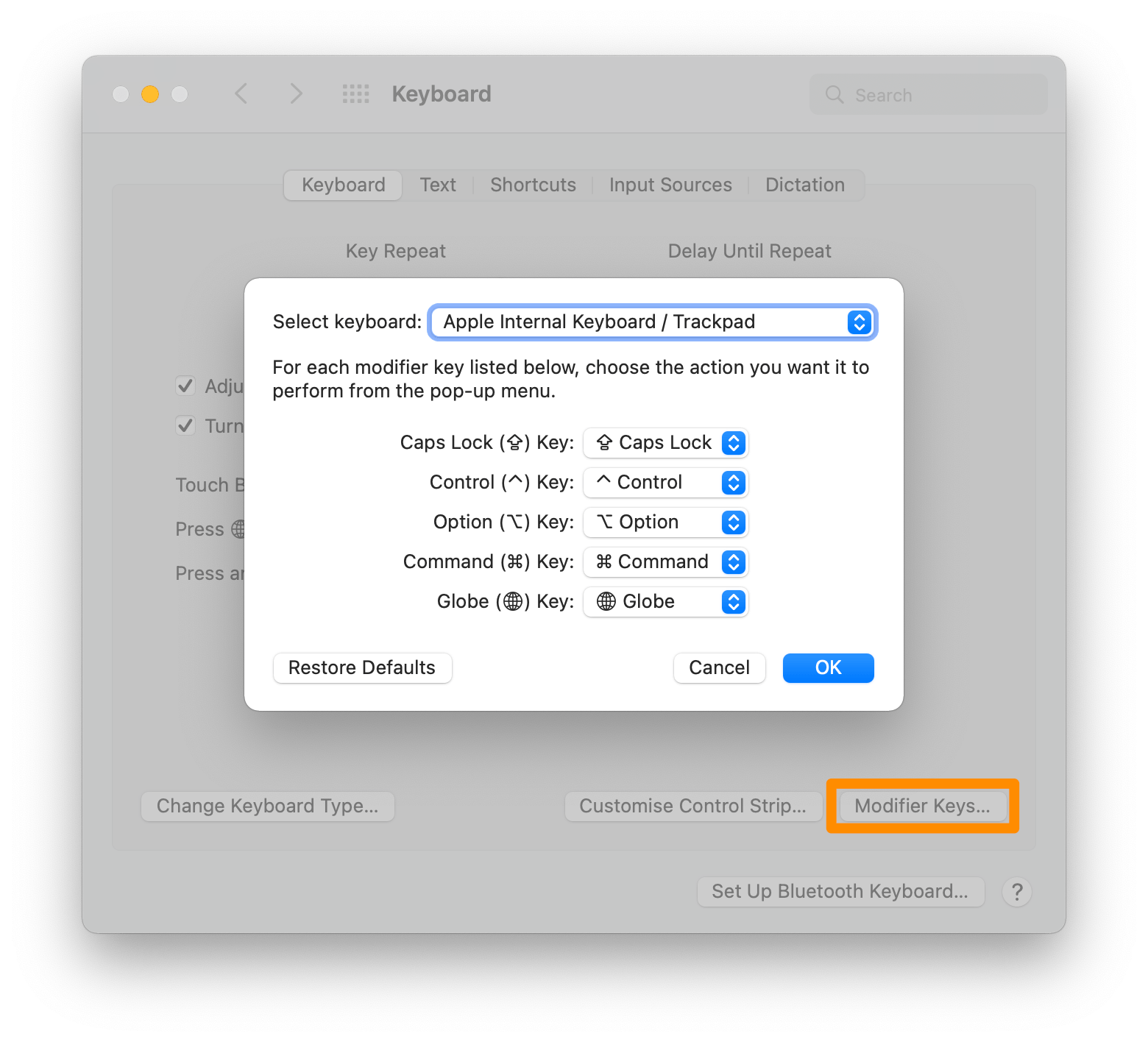 modifier keys setting in macOS